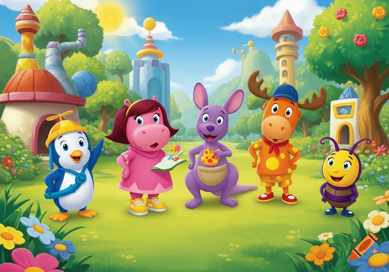 Five cartoon animal characters from The Backyardigans in a vibrant, whimsical outdoor setting with colorful buildings and flowers.