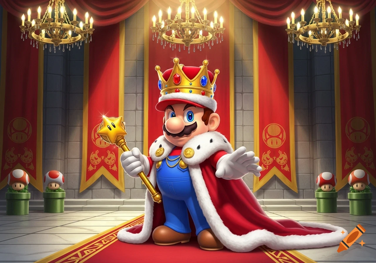 Mario, dressed as a king in a red and white fur-lined robe and crown, holds a golden star scepter in a grand throne room.
