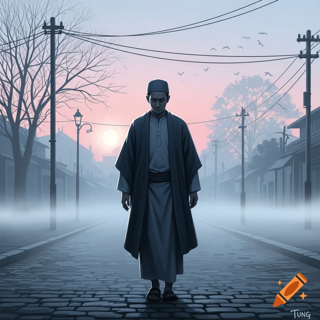 A somber man in a traditional robe and cap walks down a misty, cobblestone street lined with utility poles at dawn.
