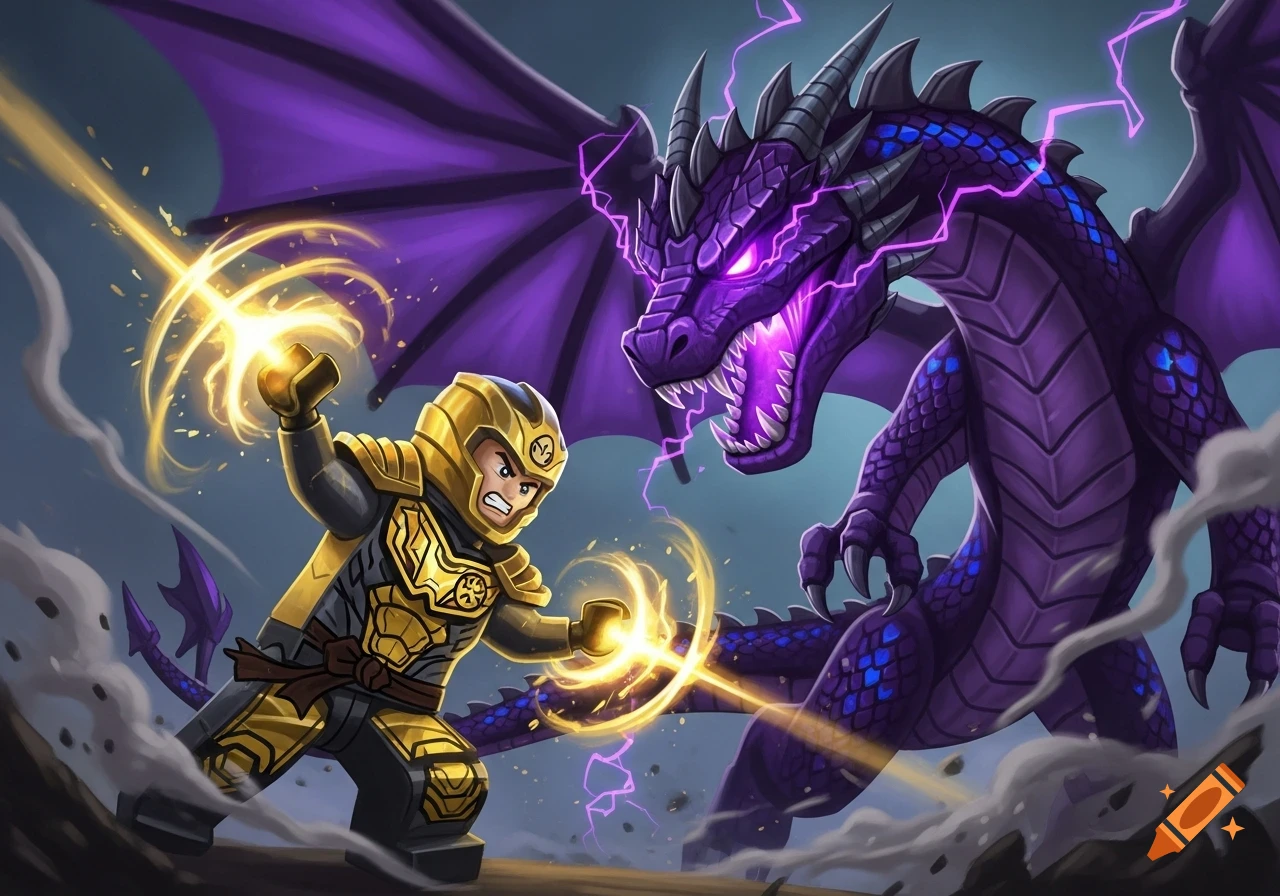 A golden-armored Lego character with glowing hands battles a roaring purple dragon crackling with lightning in a dynamic, stylized action scene.