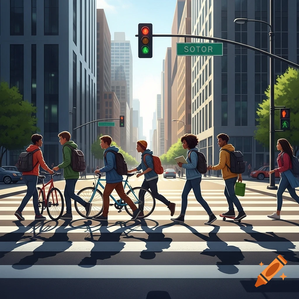 Students cross a city street at a crosswalk with traffic lights showing green and a street sign overhead.