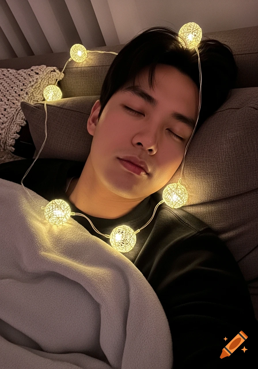 An Asian man sleeps peacefully on a sofa, covered by a blanket, with glowing string lights around his head.