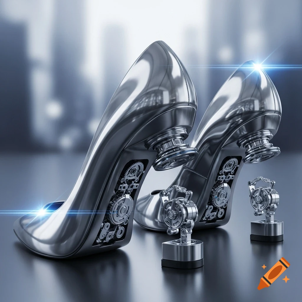 Sleek, metallic high heels with exposed gears and mechanical elements, standing on a reflective surface against a blurred city background.