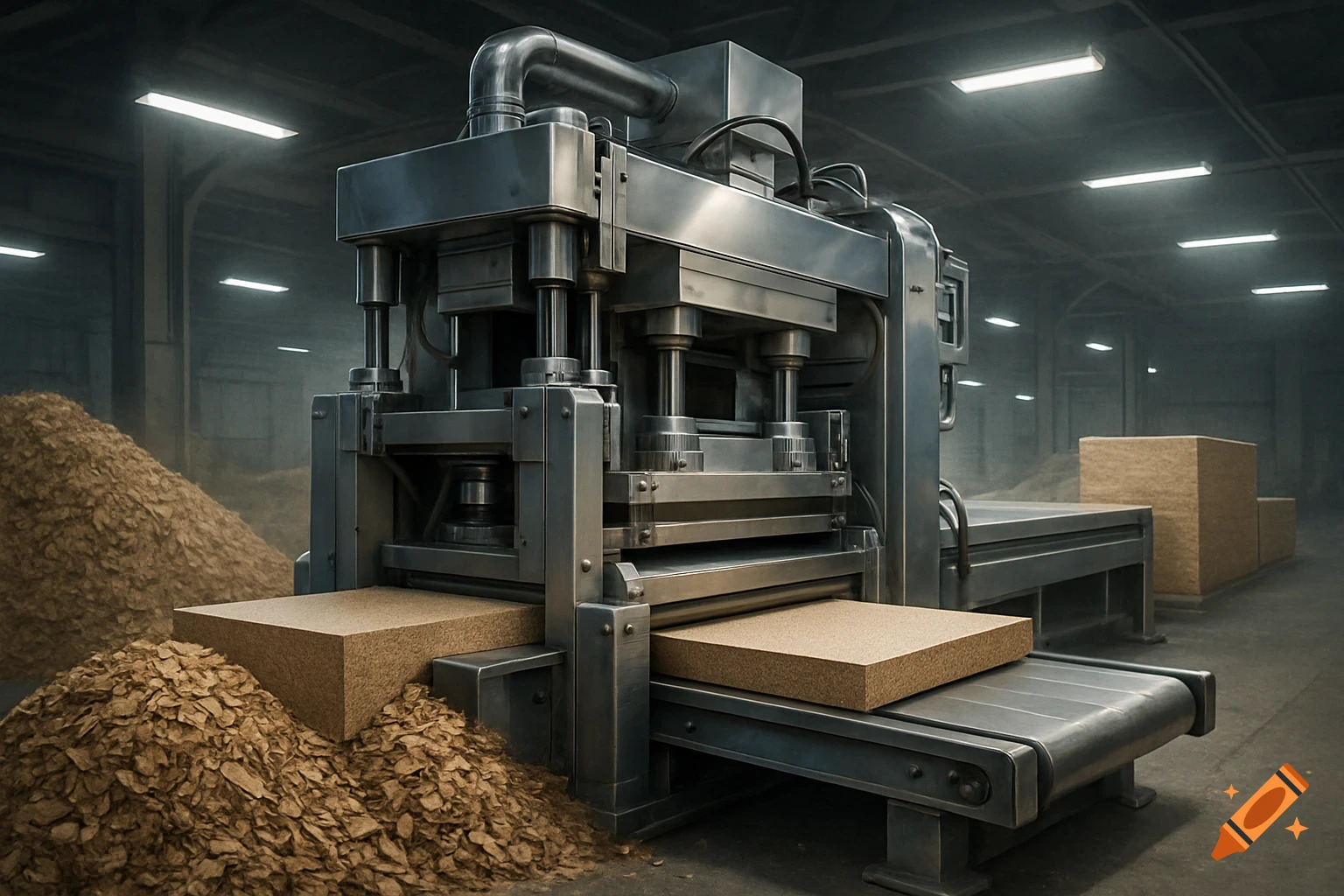 Photorealistic image of an industrial machine pressing wood chips into large, flat boards in a dim factory.