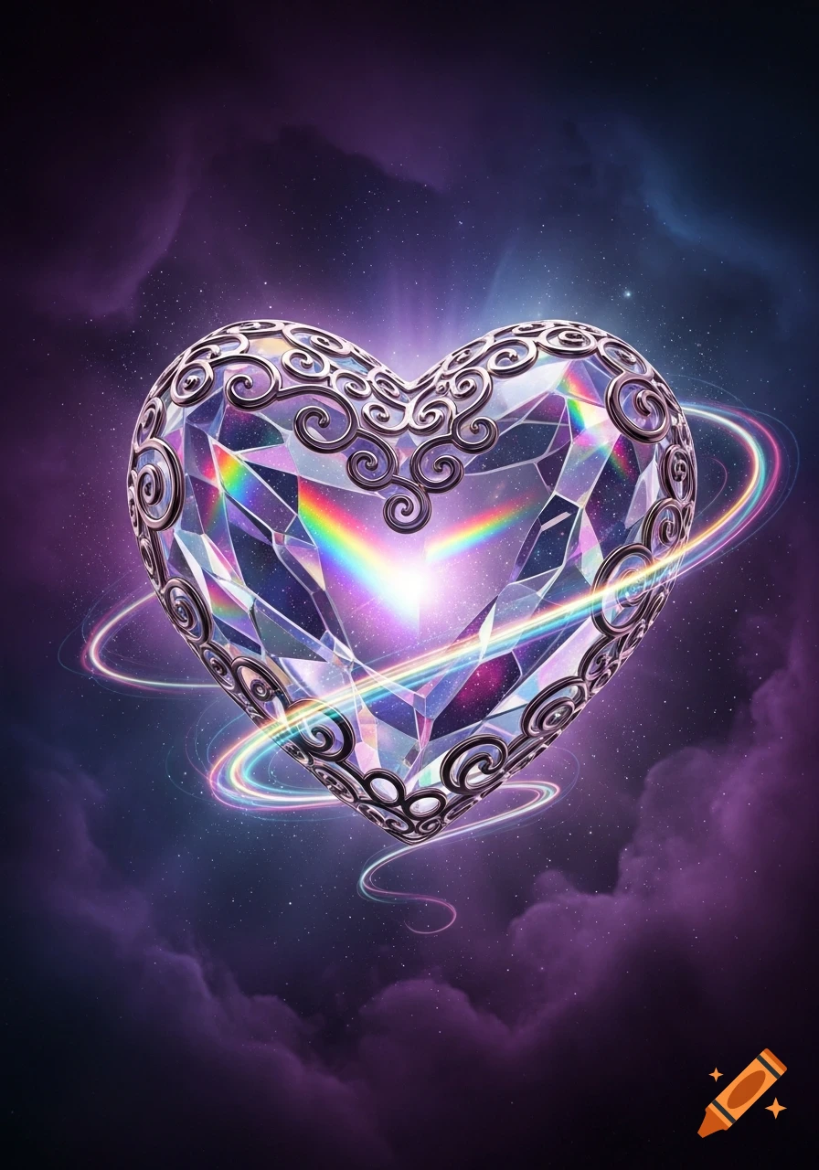 A sparkling faceted diamond heart with silver filigree details, glowing with rainbow light against a purple nebula and starry space background.