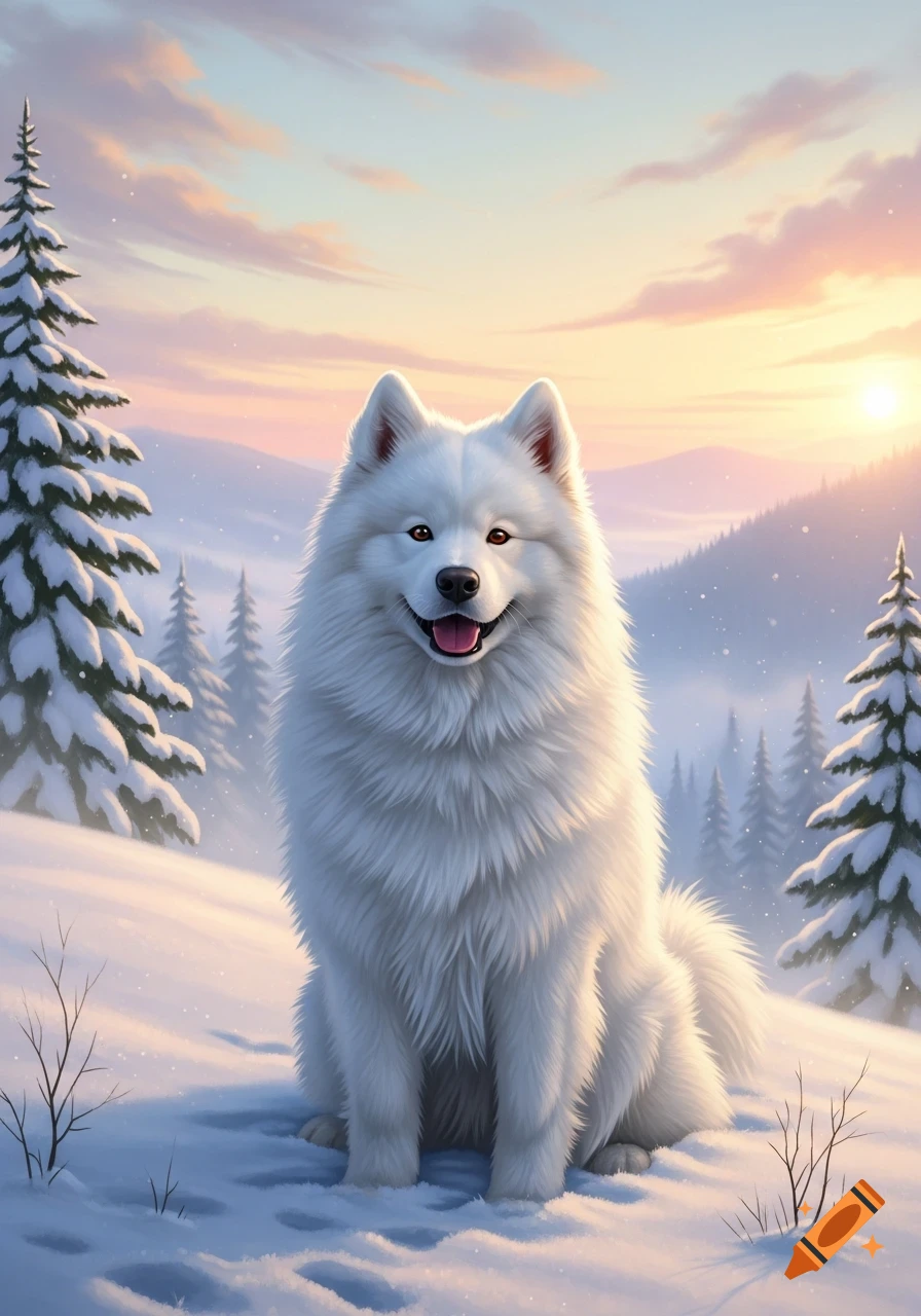 A happy white Samoyed dog with its tongue out sits in a snowy winter mountain landscape with pine trees under a vibrant sunset sky, digital art.