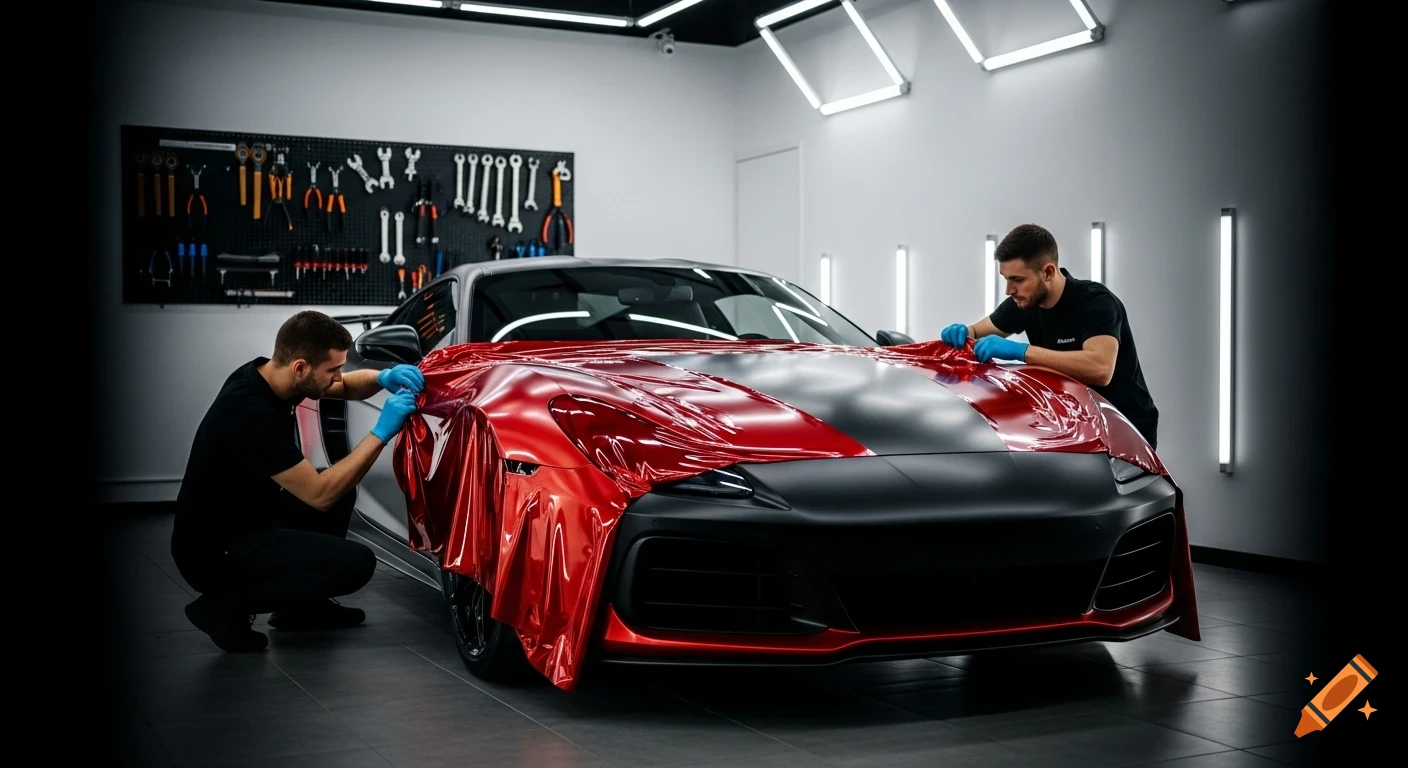 Two men in blue gloves apply red vinyl wrap to a black sports car in a brightly lit workshop.