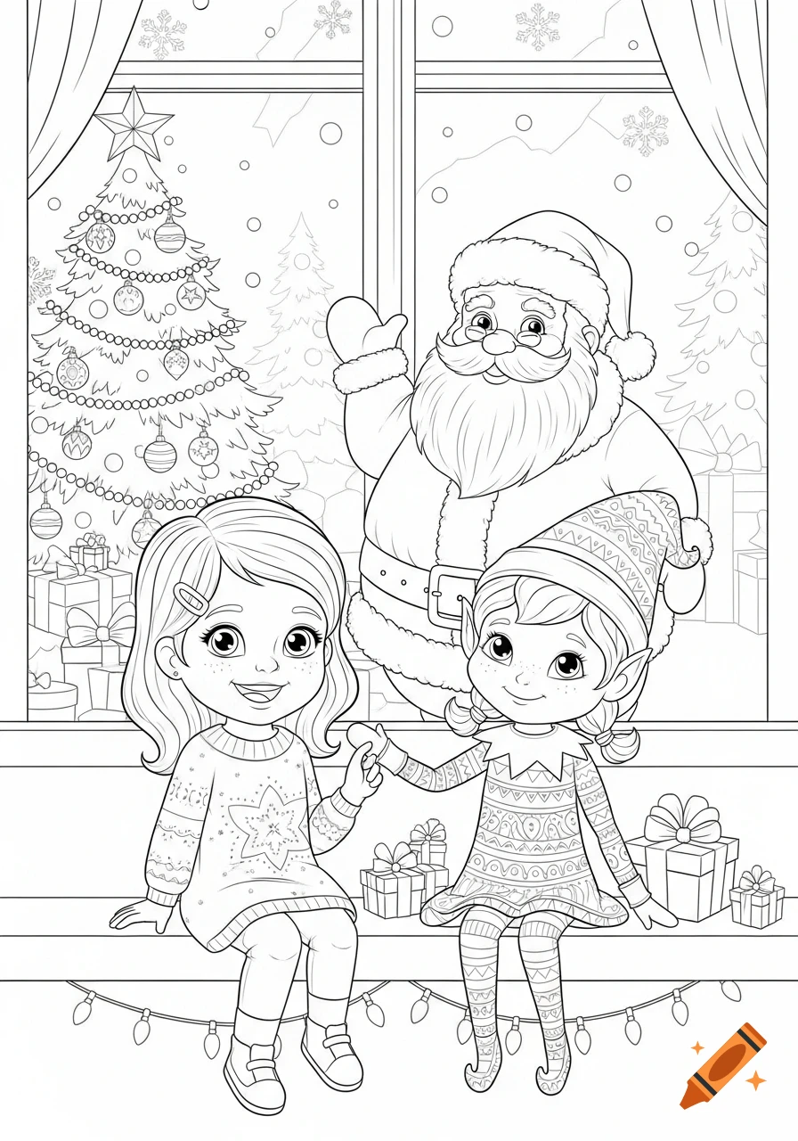 Coloring page featuring a girl and an elf with Santa Claus, a Christmas tree, and gifts in a snowy background.