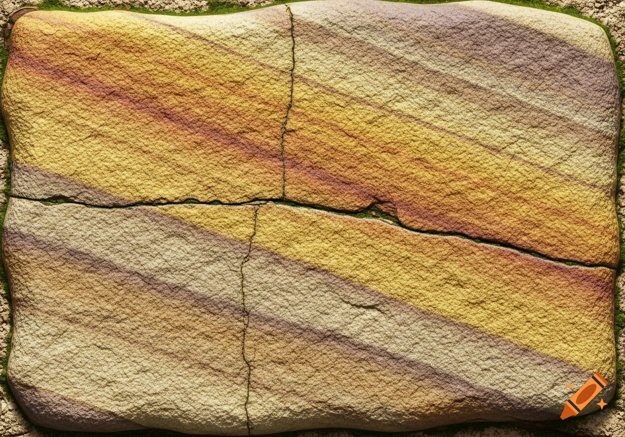 Textured sandstone block with diagonal stripes of yellow, orange, and brown, featuring cracks and moss.