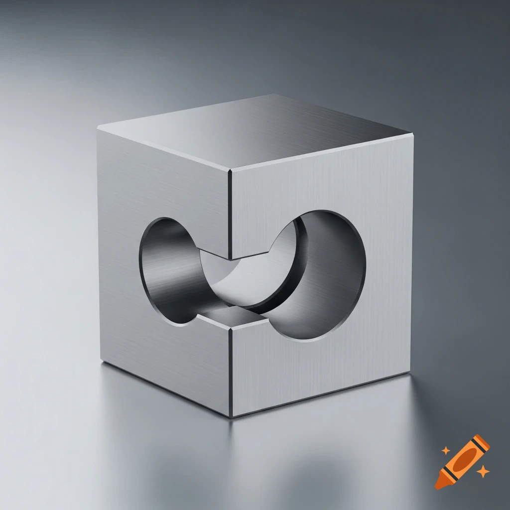 A shiny metallic cube with a cylindrical cutout in the center, resting on a reflective surface against a gradient background.