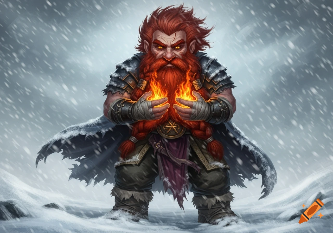 A red-haired dwarf with a long beard and intense eyes stands in a snowy blizzard, holding flames in his bandaged hands.