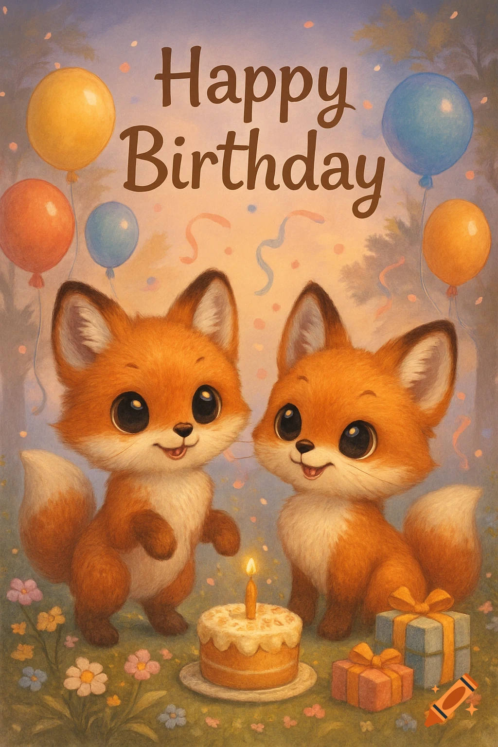 Two adorable, fluffy cartoon foxes celebrate a birthday with a small cake, glowing candle, balloons, and presents in a whimsical forest clearing, with "Happy Birthday" text above.