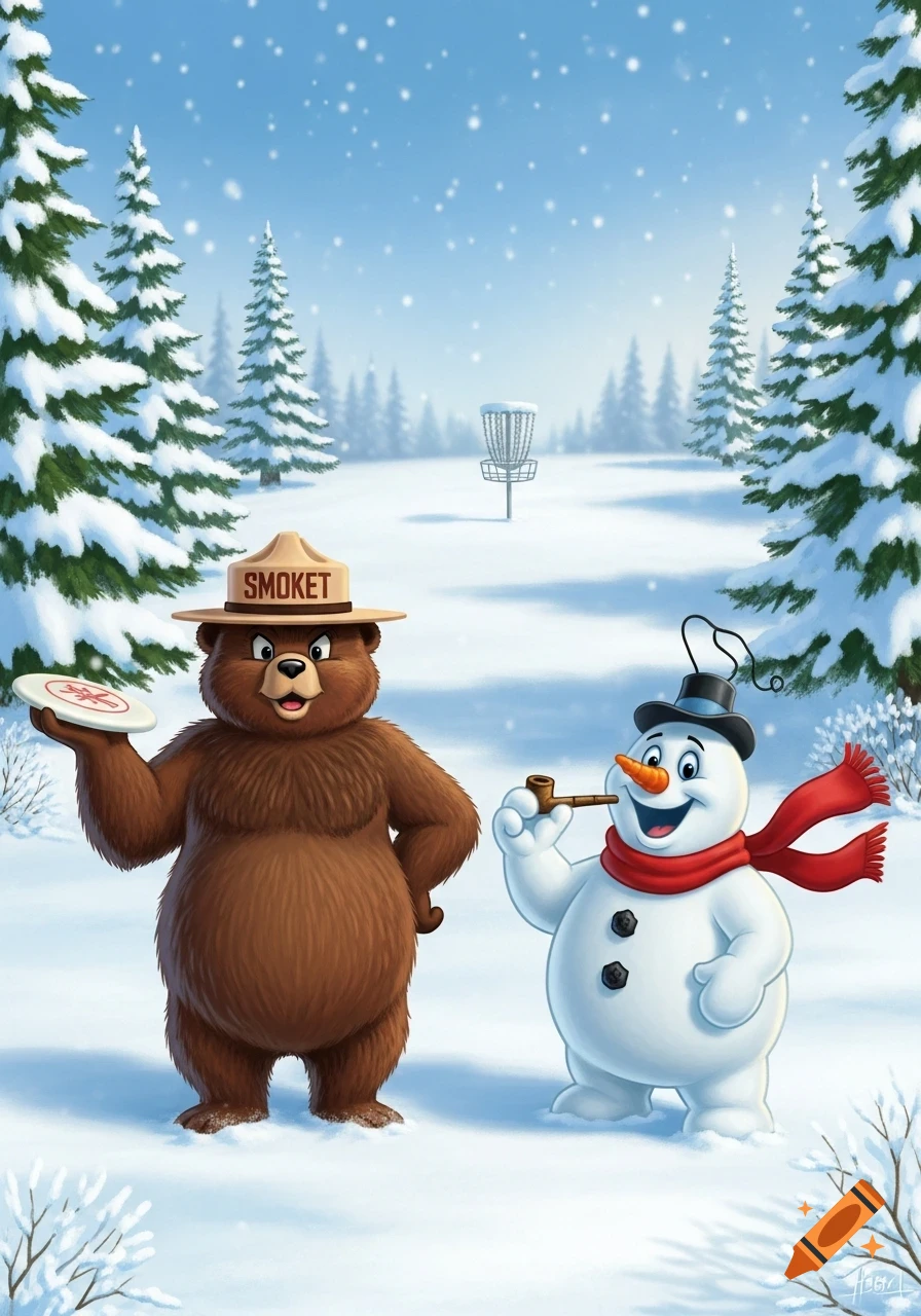 An illustration of Smokey Bear holding a disc and Frosty the Snowman holding a pipe in a snowy forest with a disc golf basket.