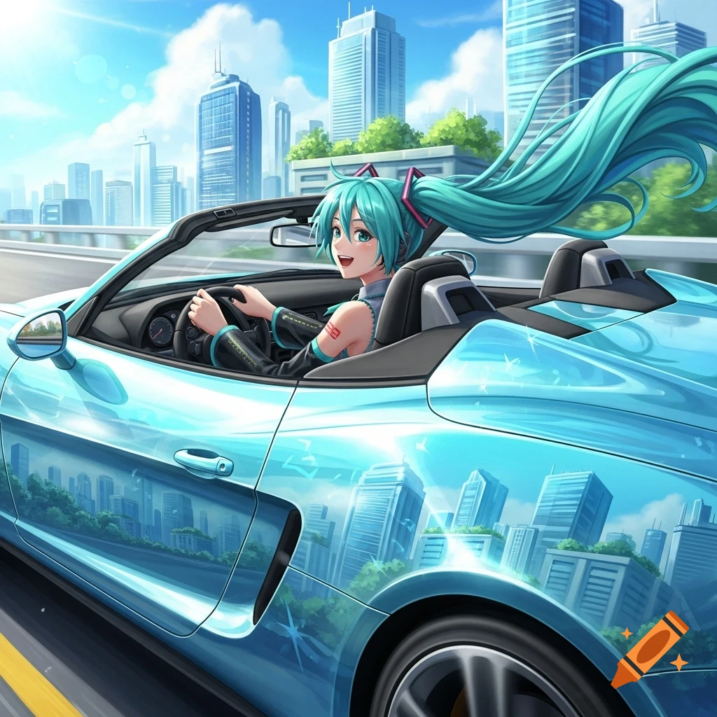 Anime-style Hatsune Miku with long teal pigtails happily drives an aquamarine convertible on a highway, with a cityscape reflected on the car.
