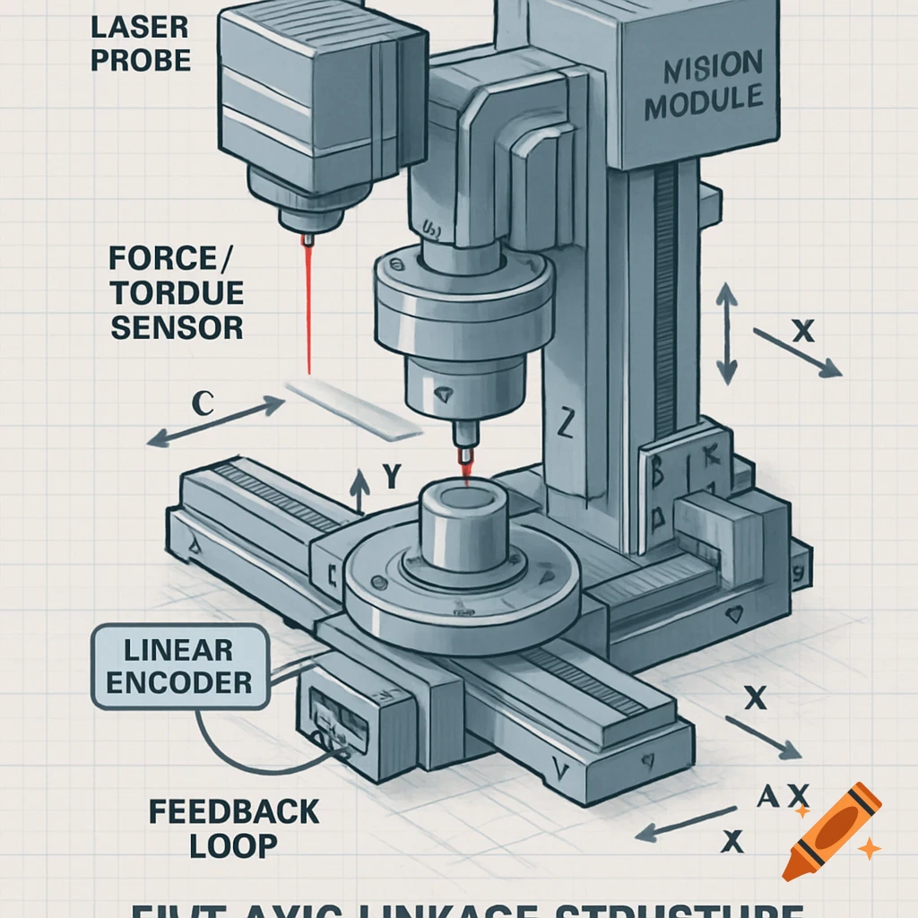 Isometric technical illustration of a five-axis linkage structure machine with labeled components like Laser Probe, Nision Module, Force/Tordue Sensor, Linear Encoder, and Feedback Loop.