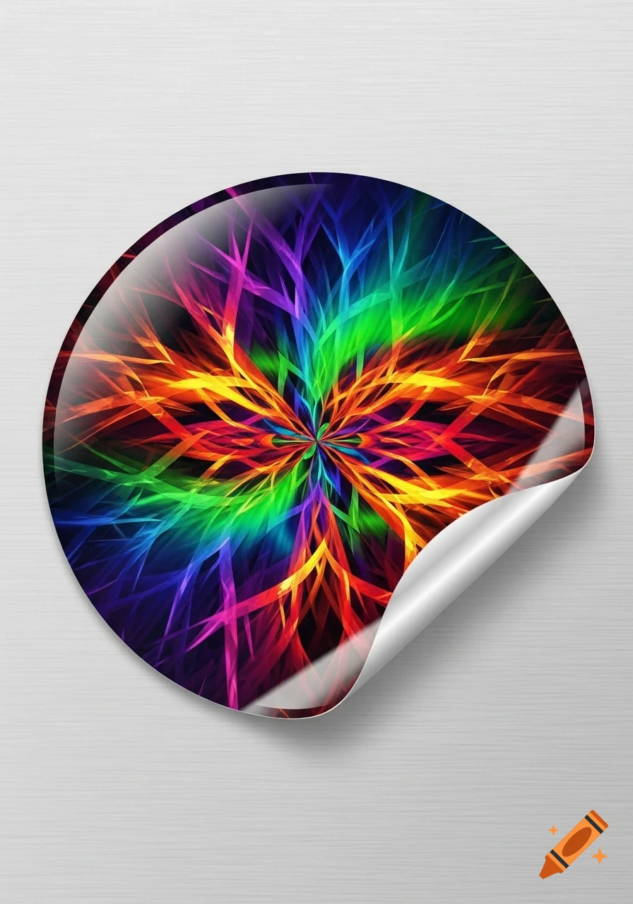 A glossy round sticker with a vibrant abstract pattern of intertwined, glowing rainbow-colored lines, peeled at one corner on a light grey background.