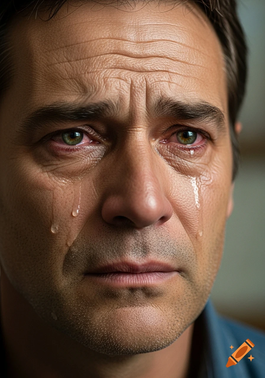 Close-up photorealistic portrait of a man with red eyes crying, with tears streaming down his face.