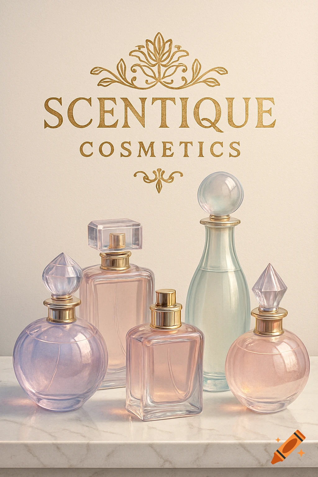 Elegant perfume bottles with pastel liquids on a marble surface, under a gold 'SCENTIQUE COSMETICS' logo.