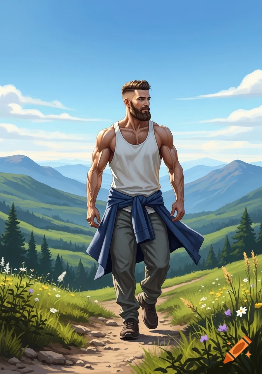 An illustrated, muscular man with a beard and tank top walks on a dirt path through rolling green hills under a blue sky.