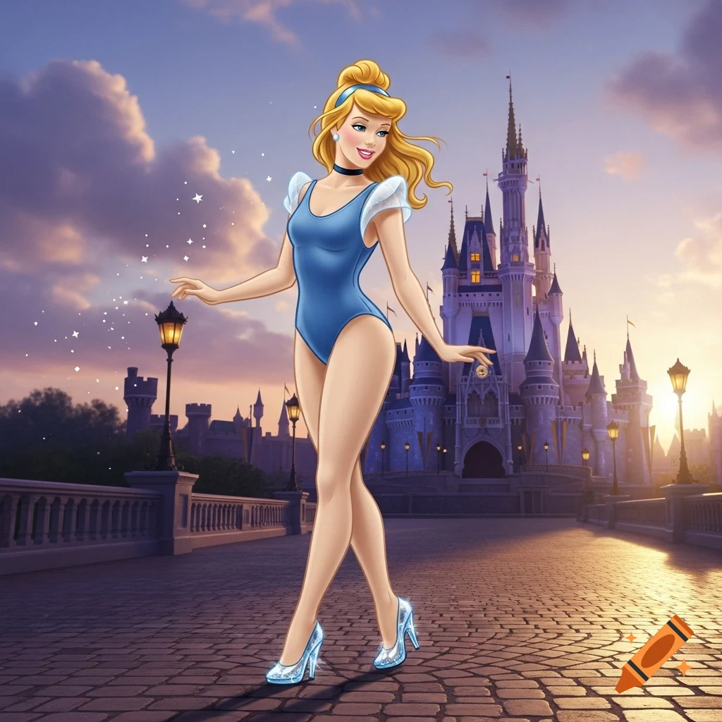 Cartoon Cinderella in a blue swimsuit and glass heels walks on a path before a castle at sunset.