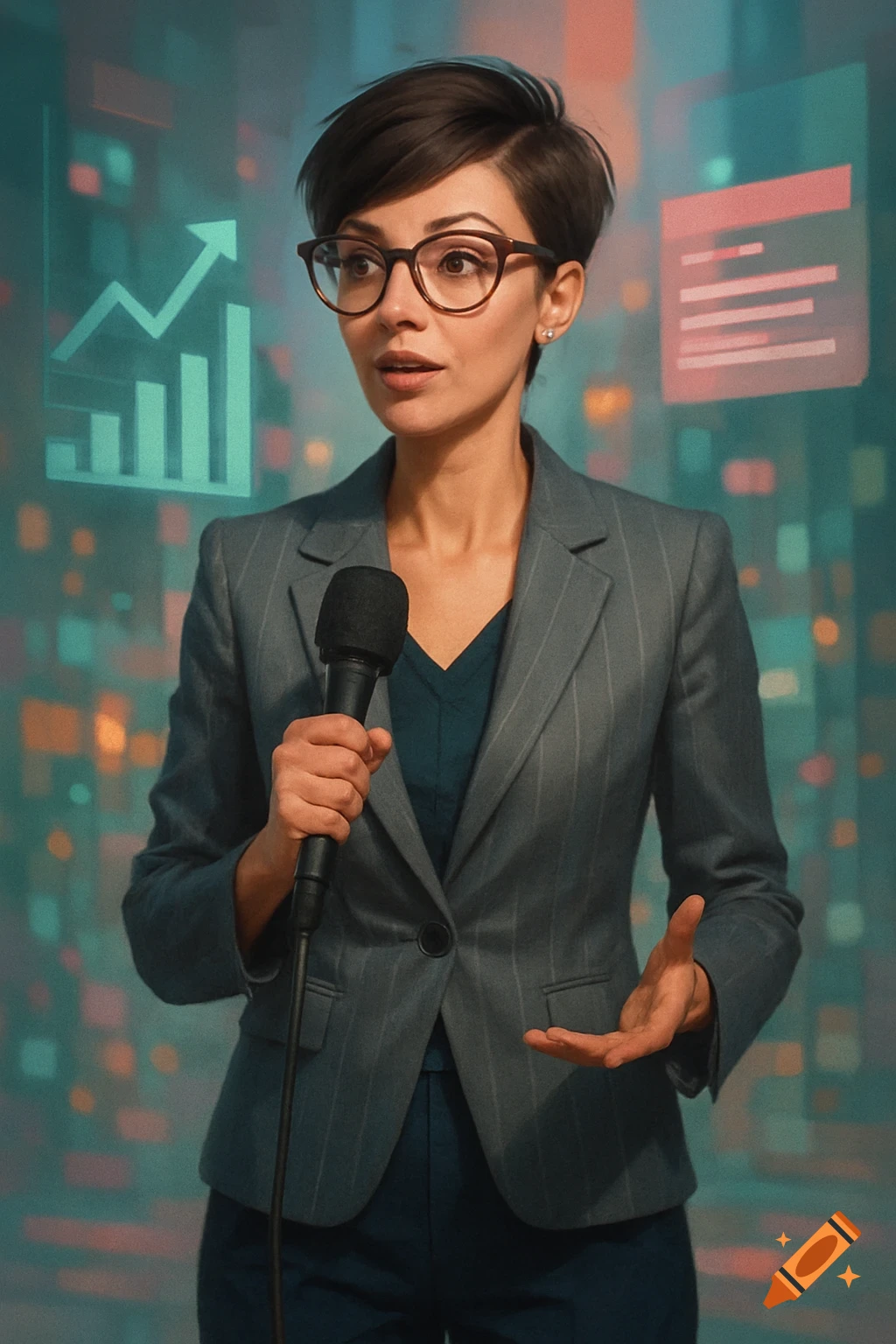 A stylish woman in a pinstripe suit and glasses speaks into a microphone, gesturing, with blurred digital graphs in the background.