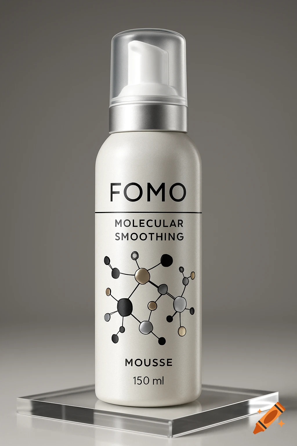 A sleek, pearlescent white mousse bottle with 'FOMO Molecular Smoothing' text and molecular graphics on a reflective surface.