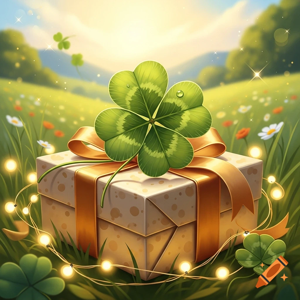 A vibrant illustration of a gift box topped with a four-leaf clover, nestled in a sparkling green field under a sunny sky.