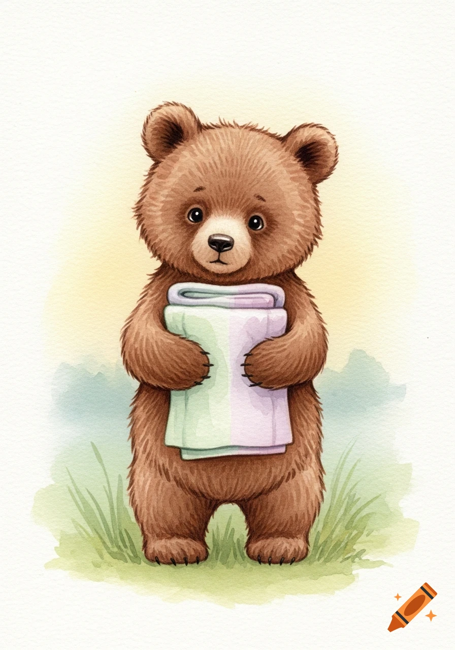 A cute brown watercolor bear stands holding a light green and purple folded blanket, on a grassy background.