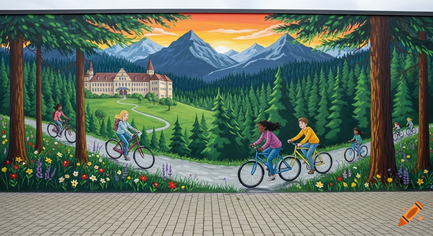 A vibrant mural depicts children riding bicycles on a winding path through a lush forest, with a grand castle and mountains under a colorful sky.