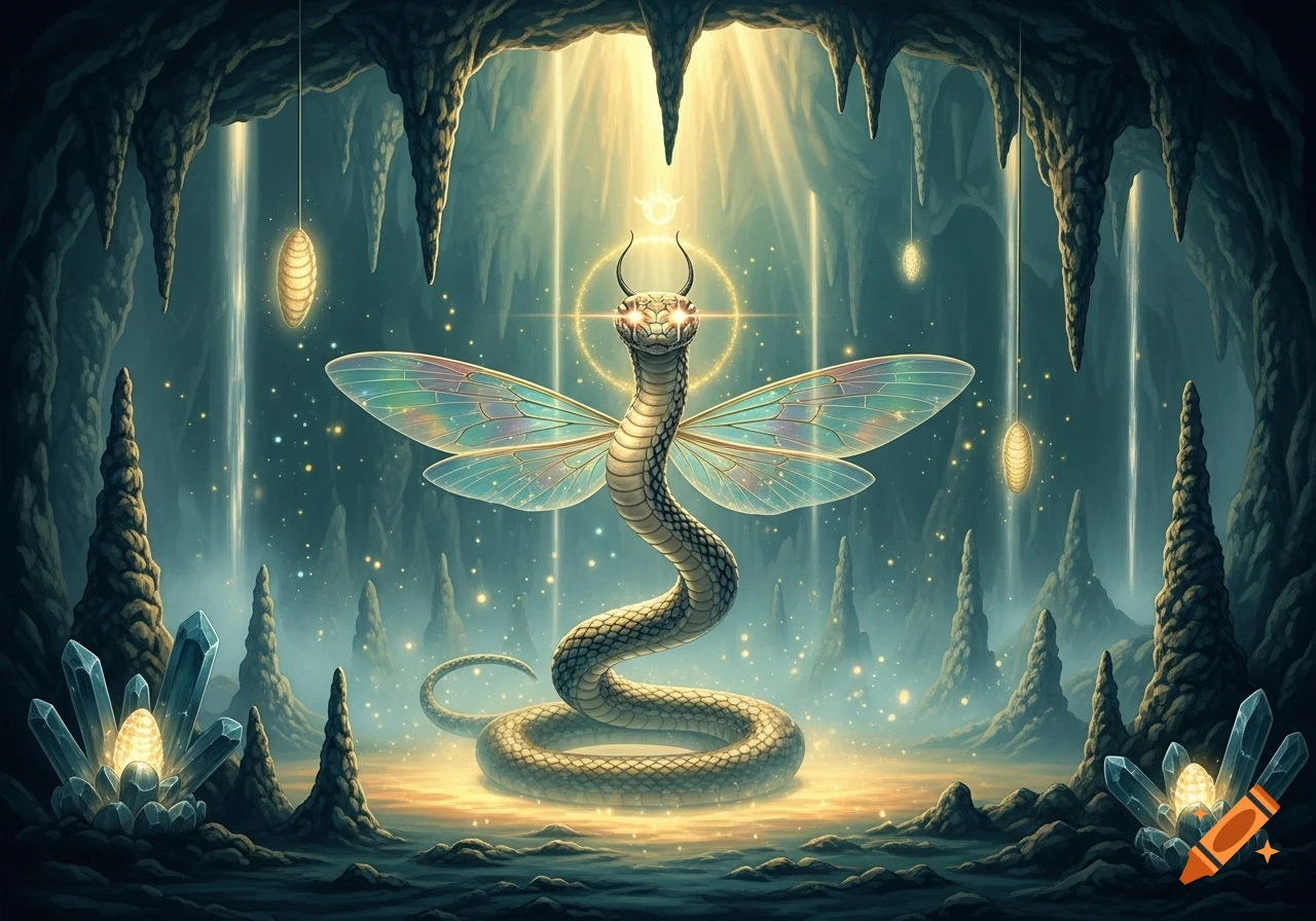 A mythical glowing winged snake with horns and bright eyes coils in a magical, luminous cave filled with crystals and light.