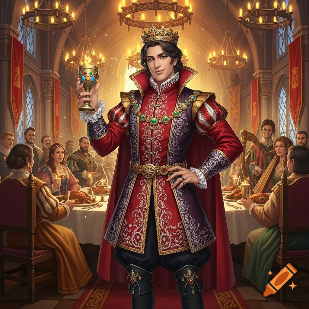 A regal, dark-haired king in ornate red and purple attire holds a jeweled goblet, smiling in a grand medieval feast hall.