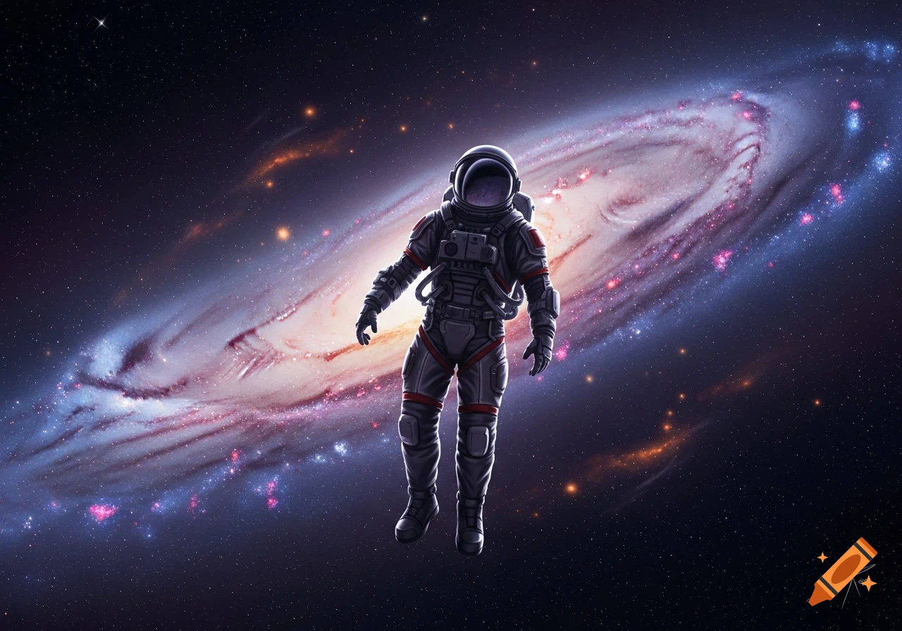 An astronaut floats in deep space with a vibrant spiral galaxy and scattered stars in the background.