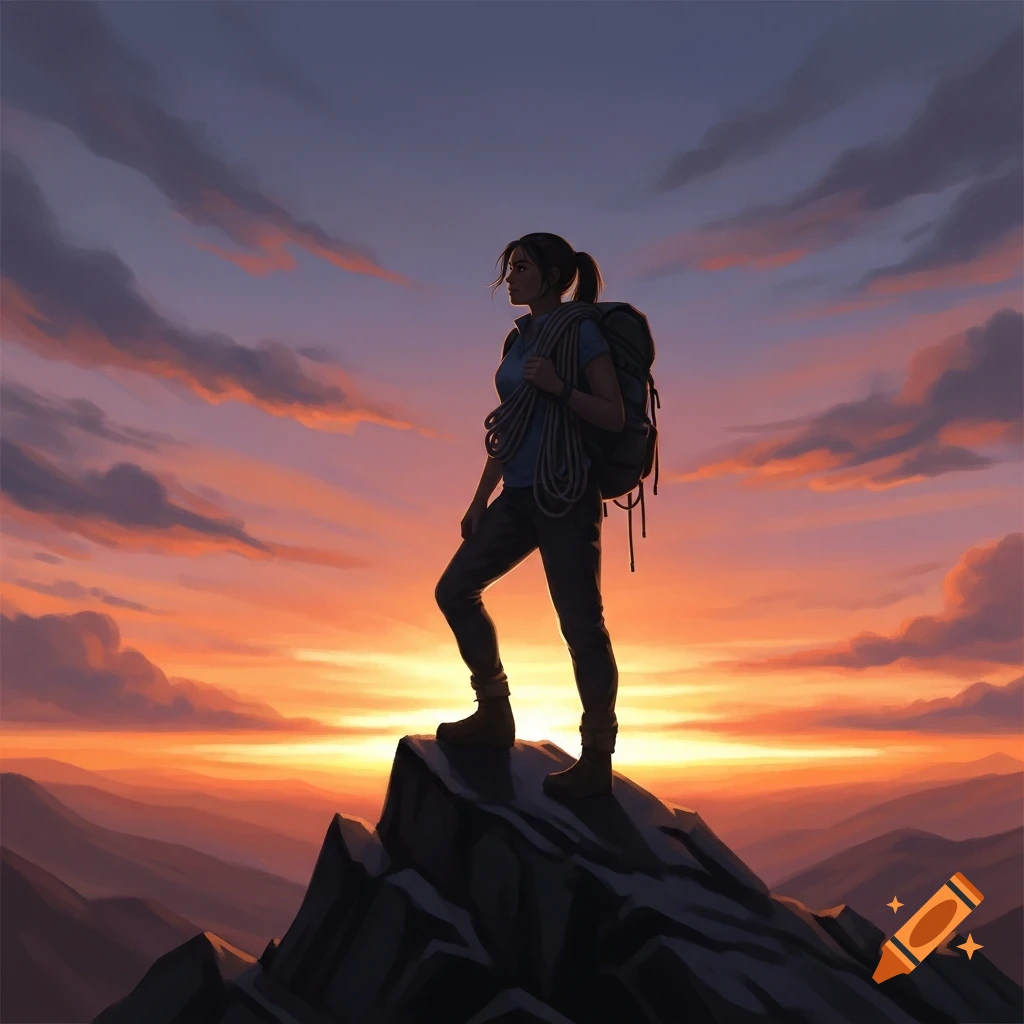 Stylized illustration of a young female hiker with a backpack and rope, standing on a mountain peak at sunset.