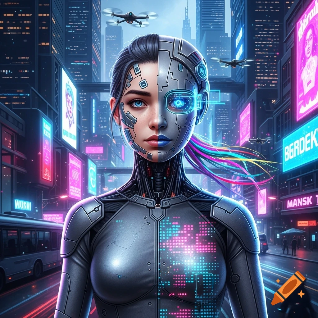 A detailed cyberpunk portrait of a cyborg woman with a half-human, half-machine face and glowing eye, in a neon-lit futuristic city with drones.
