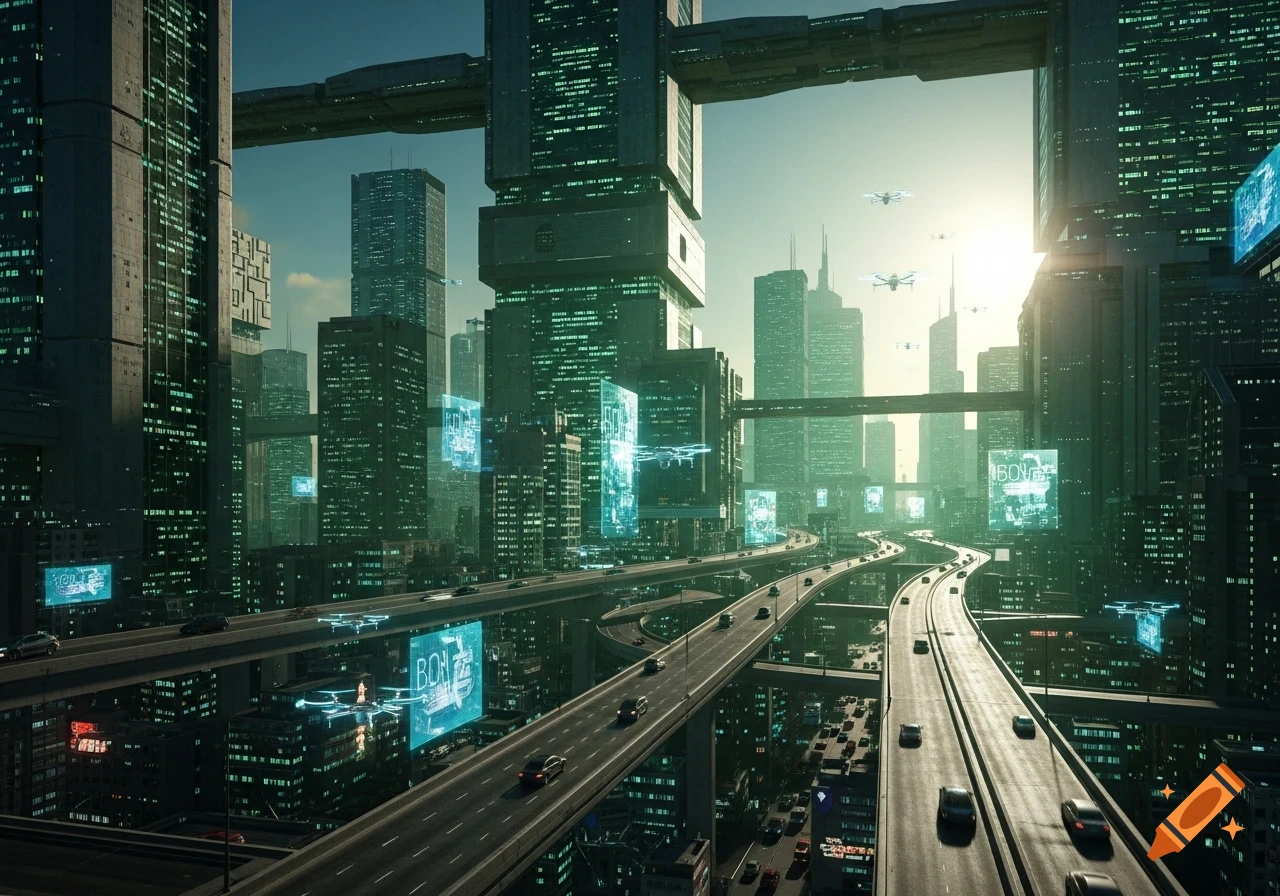 An expansive view of a futuristic city with towering skyscrapers in green hues, multi-level highways filled with cars, and flying vehicles under a bright sky.