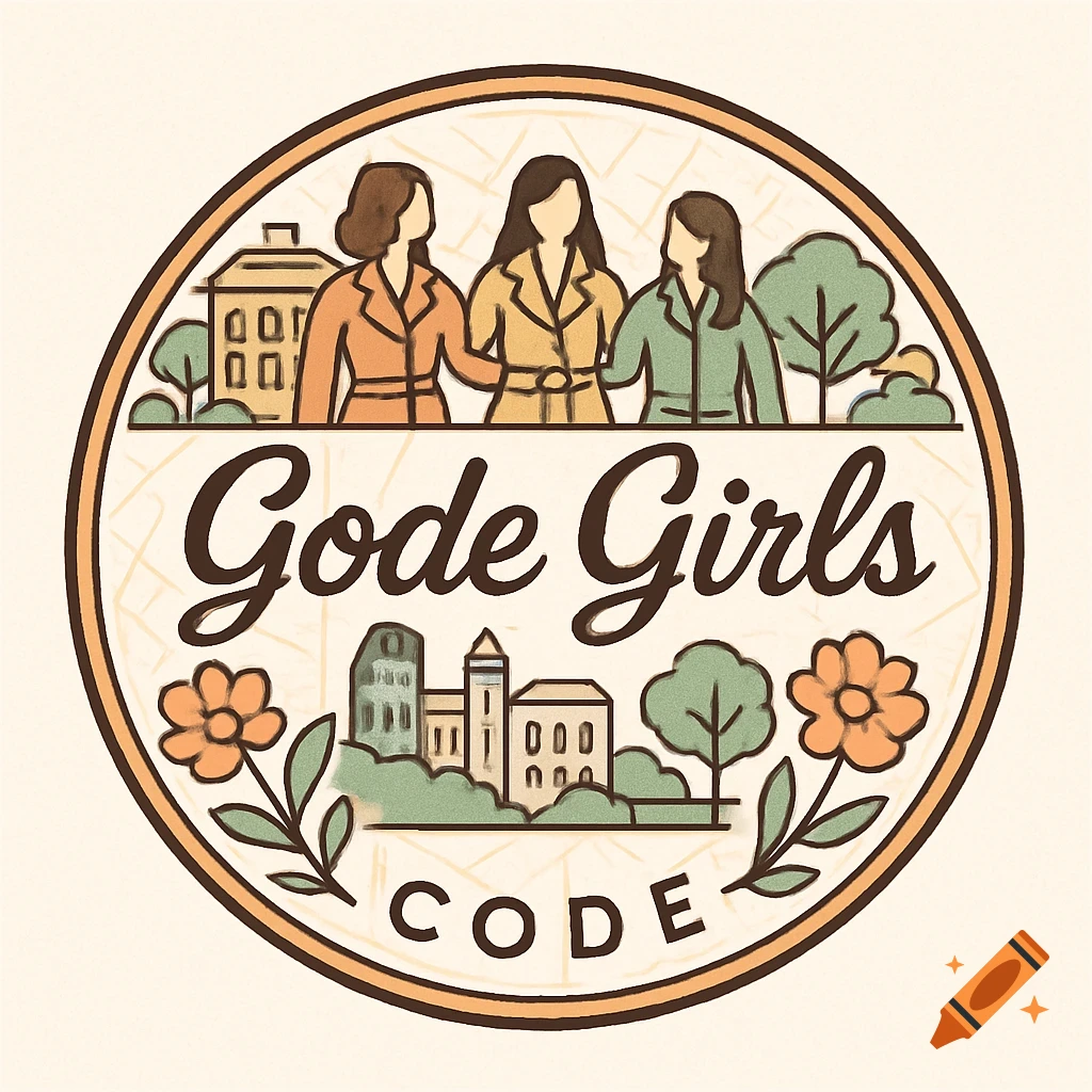 A retro-style circular logo featuring three stylized women above the text 'Gode Girls'. Below are houses, trees, and flowers, with the word 'CODE' at the bottom.