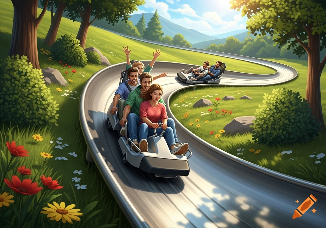 Four happy people ride down a winding summer toboggan run through a lush, green park on a sunny day, with two more people visible on another sled in the background.