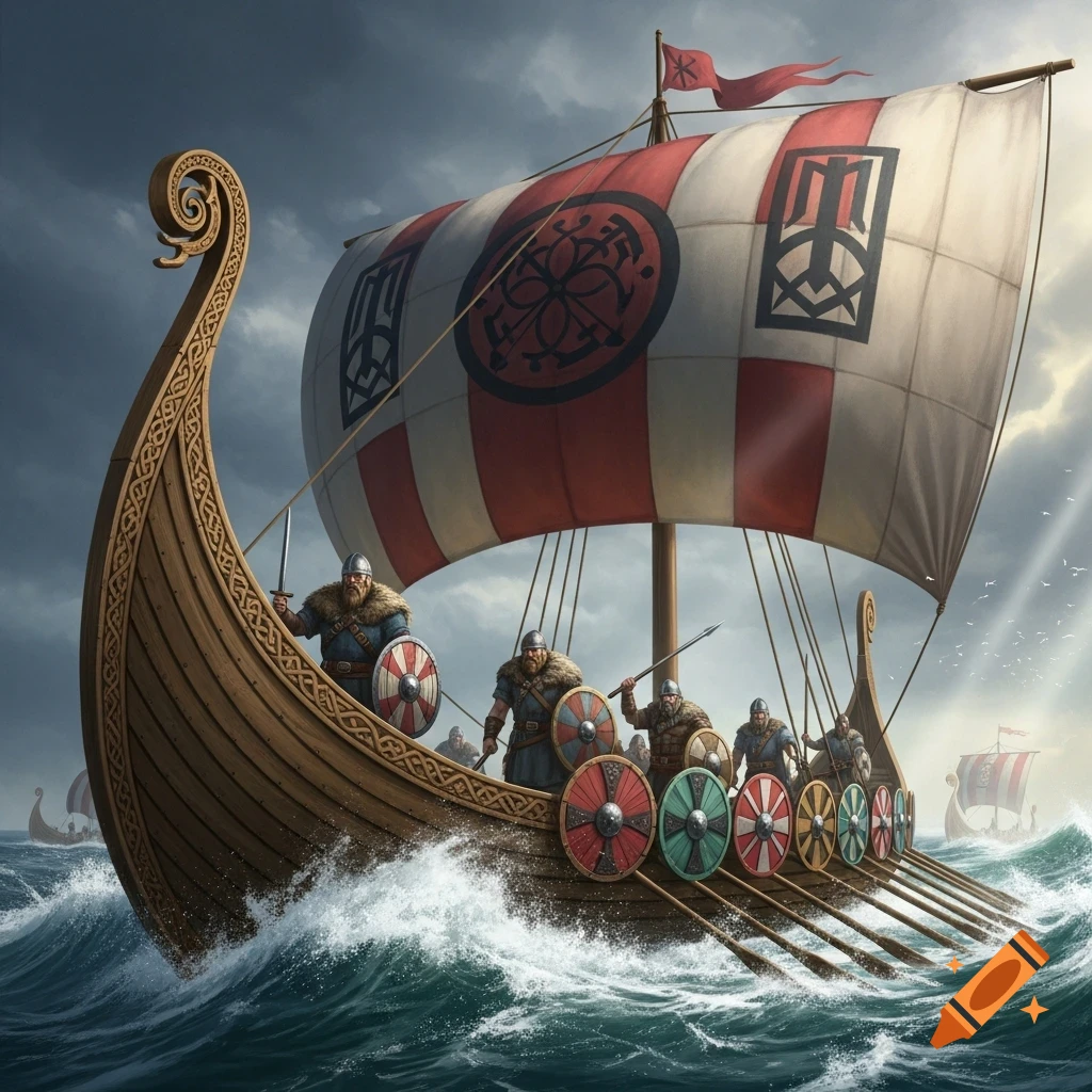A painting of a Viking longship with warriors sailing on a stormy sea.