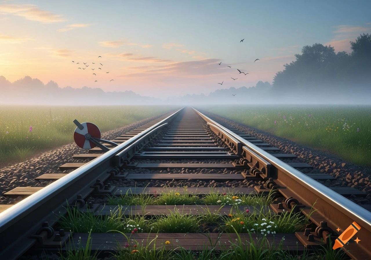 Photorealistic railroad tracks stretch into a hazy field with wildflowers and trees at sunrise, a red and white track switch signal is nearby.