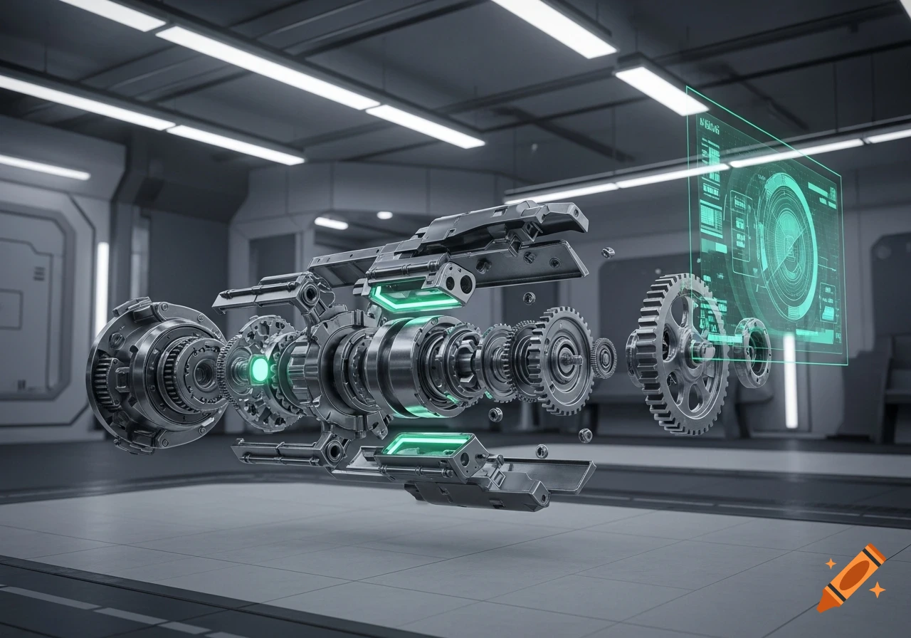 Photorealistic exploded view of complex metallic mechanical equipment with glowing green accents and a holographic display in a futuristic lab.