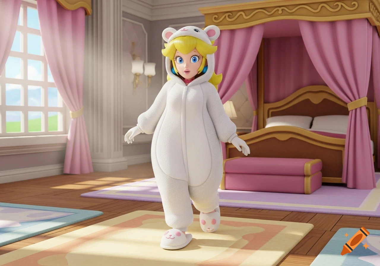 Princess Peach in a white fuzzy onesie with ears and matching slippers walks in a pink bedroom, in a 3D Mario game style.