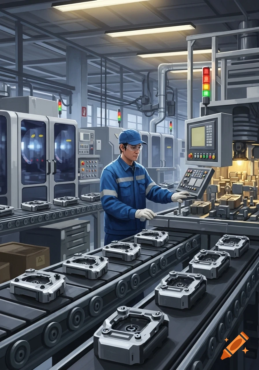 A man in a blue uniform and safety glasses operates machinery on a busy factory floor with conveyor belts carrying metal parts.