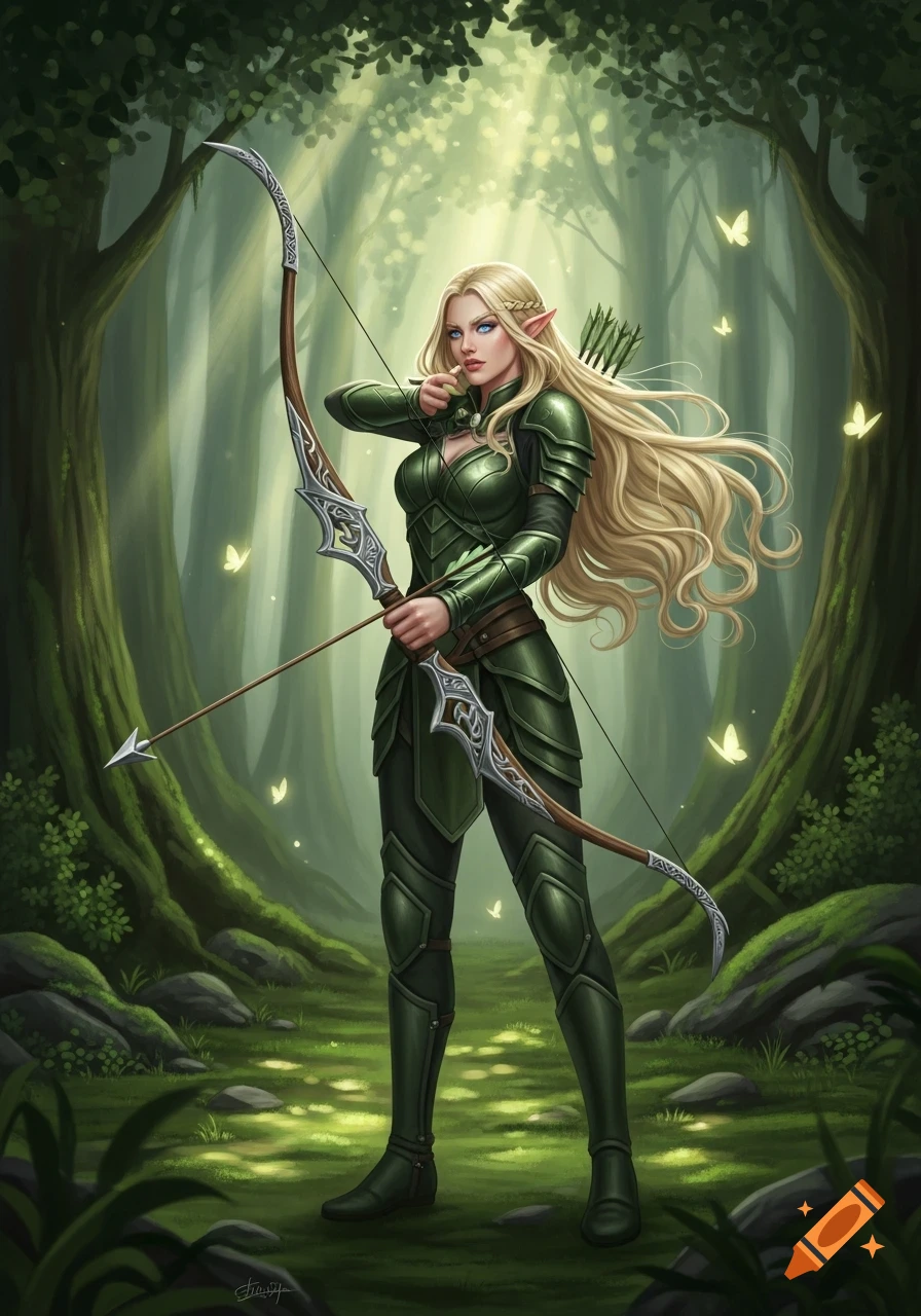 A blonde elf archer in green armor holds a bow and arrow in a magical, sun-dappled forest with glowing butterflies. Digital painting.