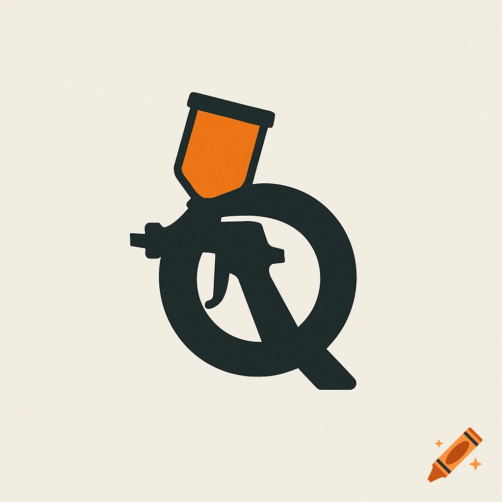 Minimalist logo of a dark gray and orange paint spray gun stylized to form the letter Q on a light background.