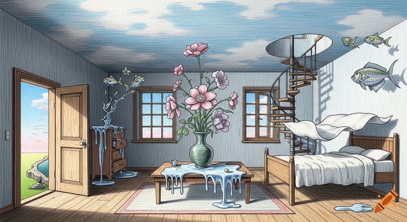 Pencil drawing of a surreal room with a sky ceiling, floating fish, melting water from furniture, and a spiral staircase.