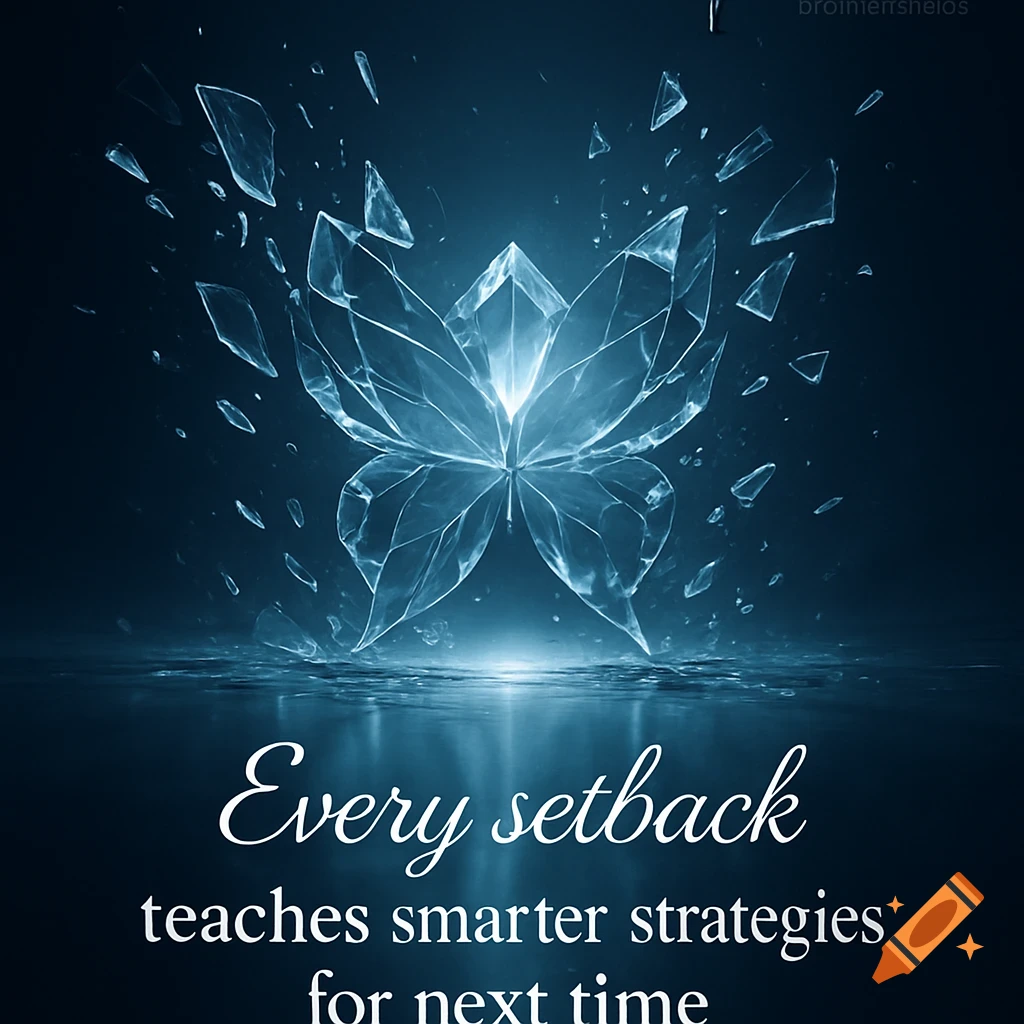 A glowing crystal lotus or butterfly shape made of light blue glass shards, with more shards scattering around it, against a dark blue background. An inspirational quote reads: Every setback teaches smarter strategies for next time.