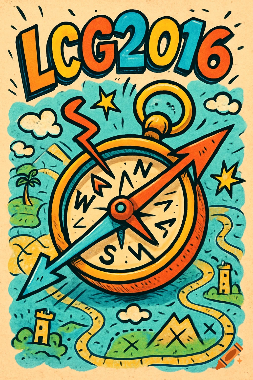 A vibrant comic-style illustration featuring a large compass over a map with islands and towers, and 'LCG2016' text.