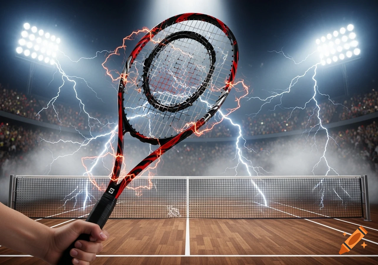 A hand grips a black and red tennis racket crackling with orange lightning on a wooden tennis court. White lightning strikes a stadium at night with a blurry crowd.