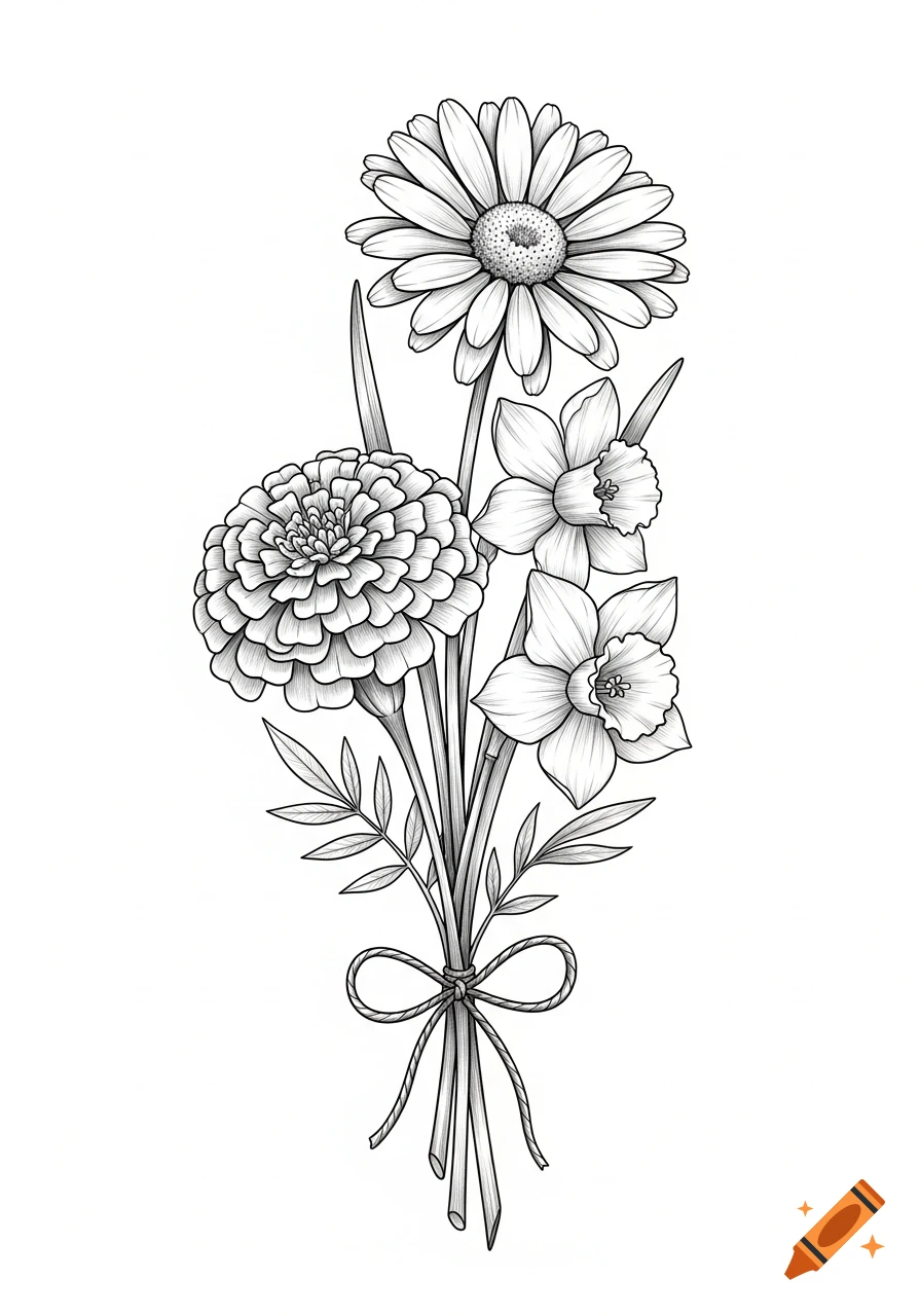 Black and white line drawing of a bouquet featuring a daisy, a marigold, and two daffodils with stems tied by a bow.