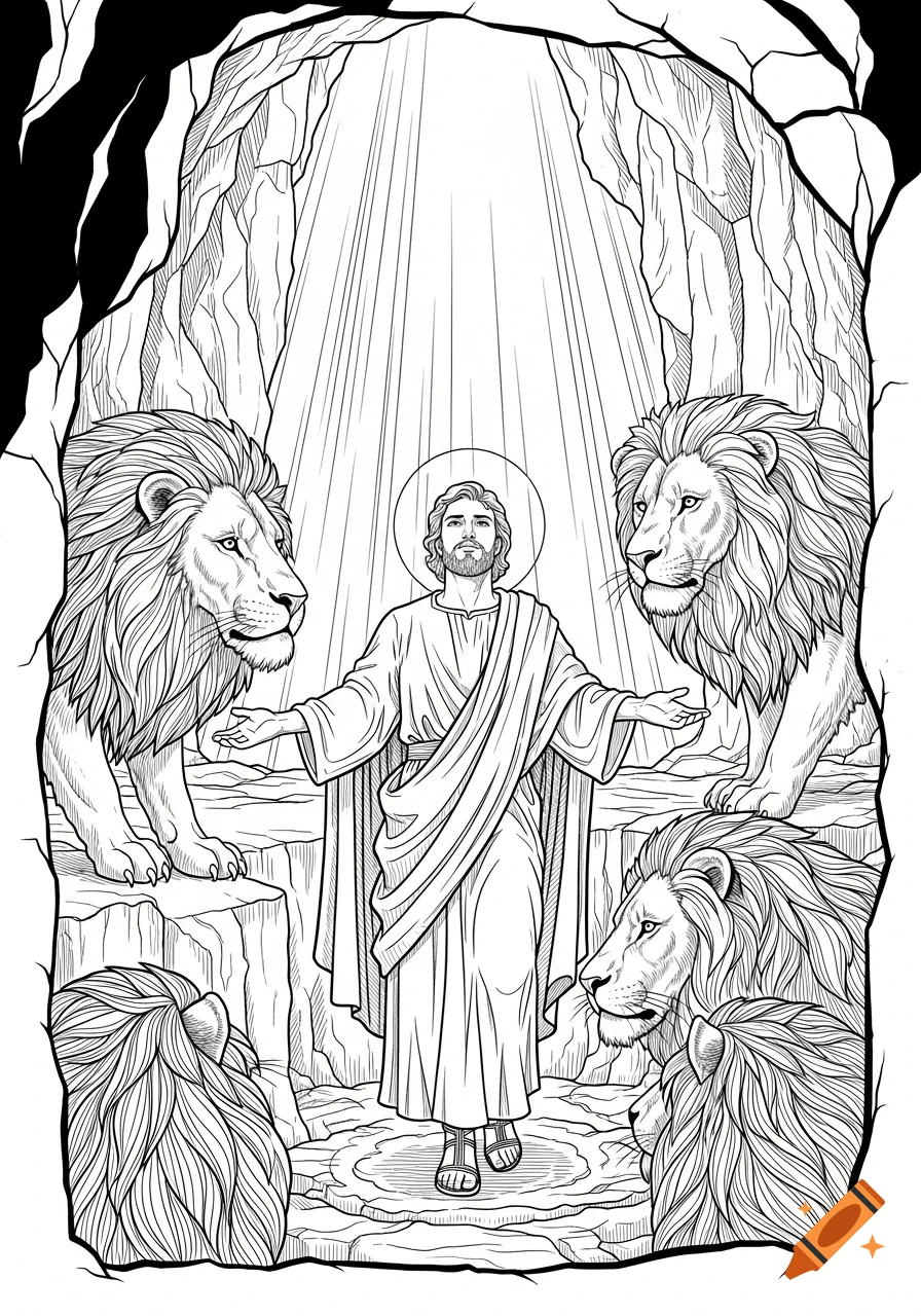 Line art illustration of a man with a halo and outstretched arms in a rocky cave, surrounded by three lions.